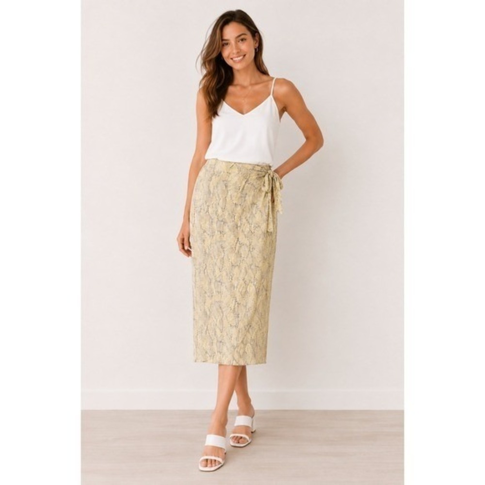 Russell Kemp Snakeskin Wrap Midi Skirt Yellow Green Black Size 12 Made in USA